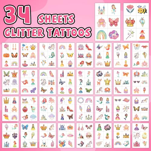 EMOME 204 Styles Glitter Tattoos for Kids, Mixed Temporary Tattoos for Kids, Individually Wrapped Mermaid Princess Butterfly Unicorns Stickers for Grils Birthday Party, Halloween Goodie Bag Stuffers