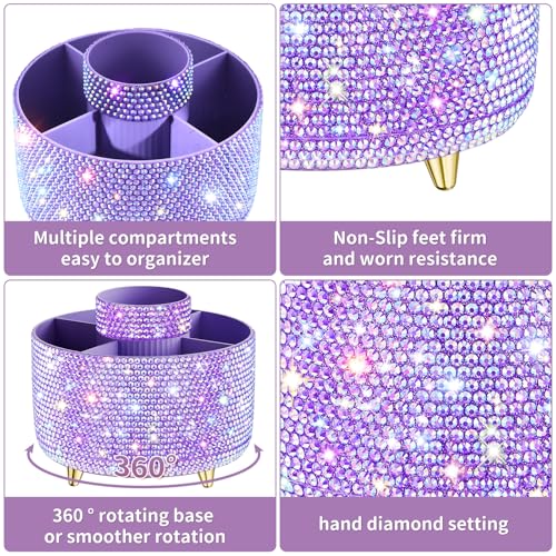 Bling 360¡Æ Rotate Makeup Brush Holder Organizer, Makeup Organizers Countertop, Makeup organization and Skincare Storage for Vanity, Gift for Women Girls (Bling dz-Purple)