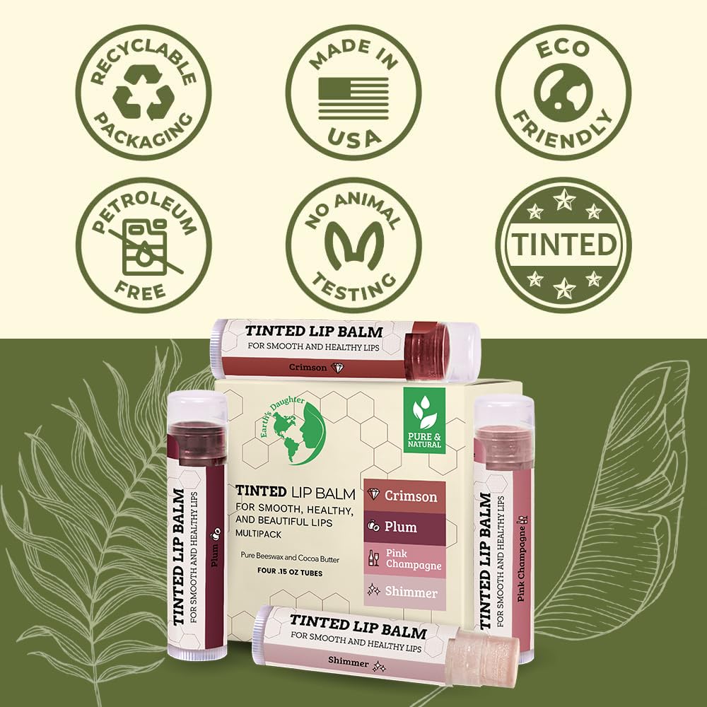 Earth's Daughter USDA Organic Lip Balm 6-Pack - Fruit Flavors, Beeswax, Coconut Oil, Vitamin E - Best Lip Repair Chapstick for Dry Cracked Lips - Moisturizing Lip Care