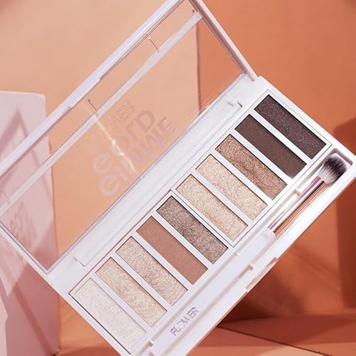 FLOWER Beauty By Drew Barrymore Shimmer + Shade Eyeshadow Palette - Neutral Colors + Ten Shades - Mix + Layers Shades - Easily Blendable + Rich Color Payoff - Brush Included (Gimme Gold)