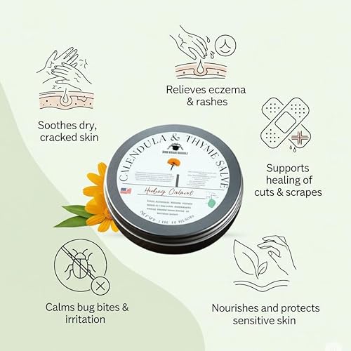Calendula & Thyme Healing Salve - Natural Herbal Balm with Beeswax, Black Cumin Seed Oil & Soursop for Dry Skin, Cuts, Scrapes, Eczema, Burns & Irritation - 2 oz