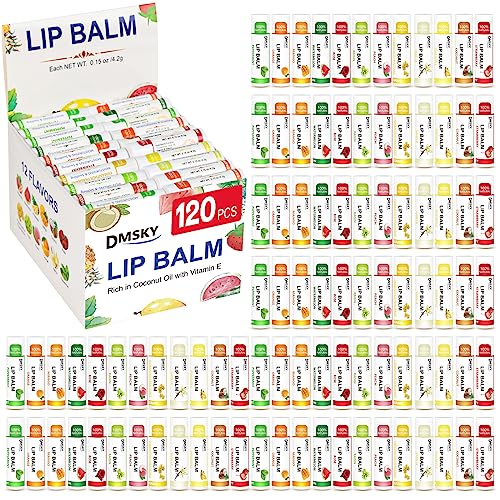 DMSKY 120 Pack Lip Balm, Natural Lip Balm Bulk with Vitamin E and Coconut Oil, Moisturizing Lip Balms for Chapped Lips-12 Flavors