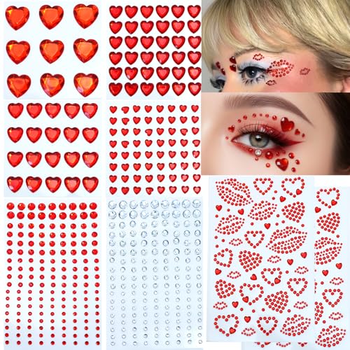 Red Heart Kiss Face Gems Self-Adhesive Rhinestone Red Lip Hair Gems Valentine's Day Face Jewels Stickers On for Rave Accessories Makeup Concerts