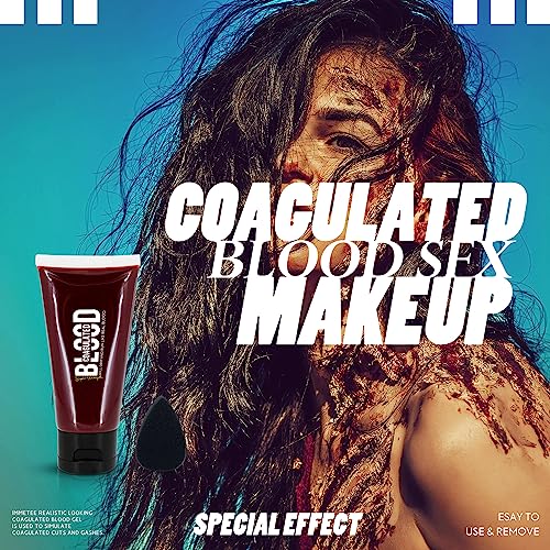 immetee Fake Blood Gel, Sfx Blood Gel with Stipple Sponge, Sfx Fake Blood Makeup Kit, Halloween Coagulated Stage Blood Specail Effects Makeup Face Body Paint. 55g