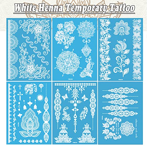 6 Sheets White Henna Temporary Tattoos for Women Girls Lace Fake Tattoo Stickers Mystery Sexy Mandala Flower Body Art Design Waterproof Henna Sticker DIY Goddess Look