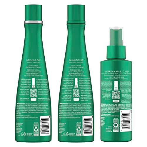 Nexxus Unbreakable Care Shampoo, Conditioner, and Leave-In Spray 3 Pack For Fine and Thin Hair with Keratin, Collagen, Biotin