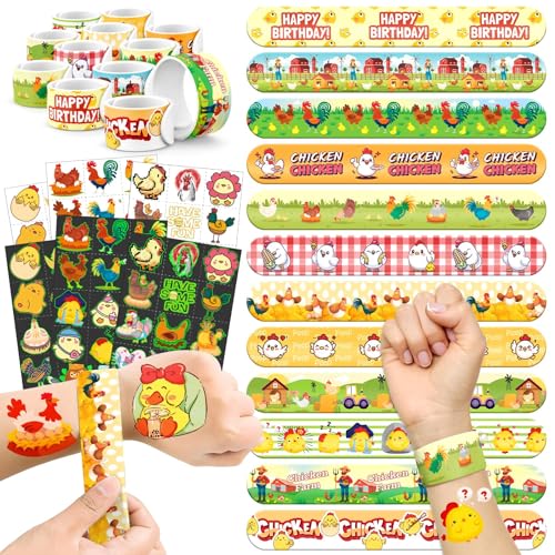 96 PCS Chicken Party Favors Set ? 72 Pre-Cut Temporary Tattoos & 24 Slap Bracelets for Kids, Perfect for Farm-Themed Birthday Parties, Classroom Rewards & Barnyard Celebrations