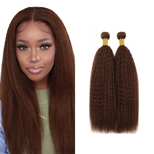 Dark Brown Kinky Straight Human Hair Bundles #4 Yaki Human Hair Bundles 26 26 inch Chocolate Brown Human Hair 2 Bundles Color #4 Brown Bundles
