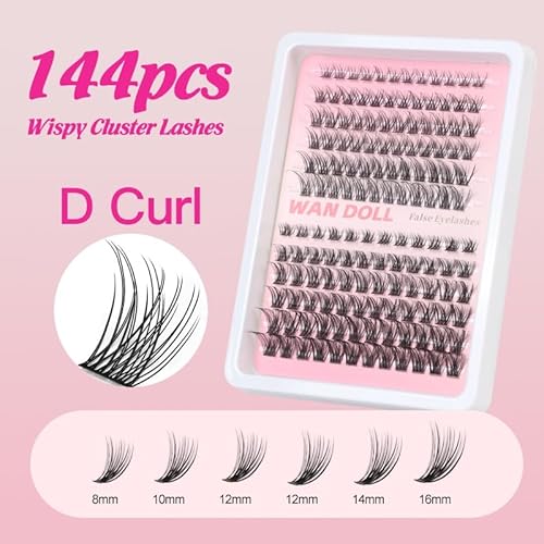 WAN DOOL False Eyelashes Clusters Wispy 144 pcs Fluffy Lashes Clusters Soft D curl 10-18mm 50D Fairy Salon Eyelash Extensions