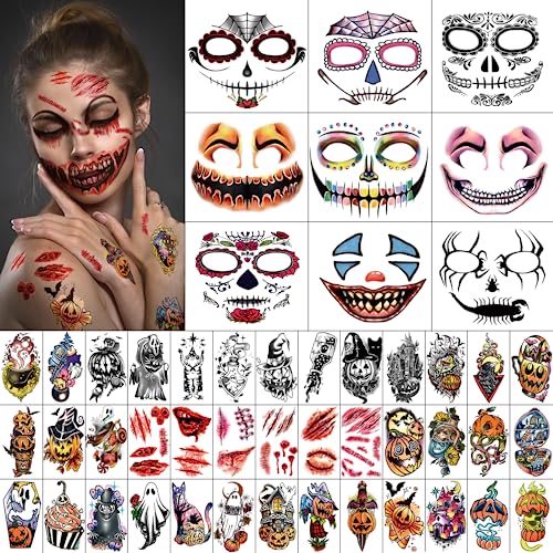50 PCS Halloween Prank Makeup Face Tattoos Adult Women Men, 10PCS Horror Scary Halloween Face Mouth Tattoos Stickers, 40PCS Witch Ghost Pumpkin Jack Tiny Tattoo for Costume Cosplay Party Kit
