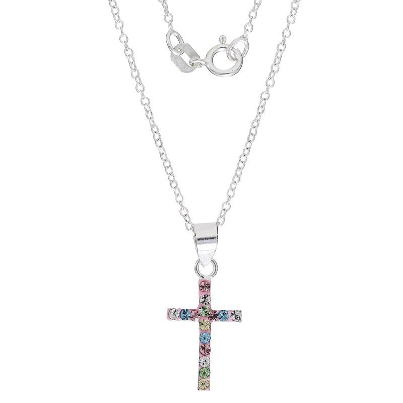 Sterling Silver Crystal Cross Necklace for Girls - 18 Inch Chain