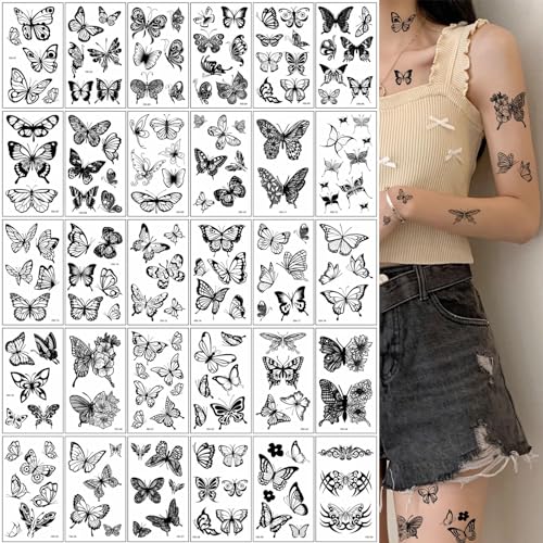 30 Sheets Butterfly Temporary Tattoos for Women Girls 3D Flower Sexy Fake Tattoo Stickers Waterproof Body Art Black Temp Tattoo Paper (Black Butterfly)