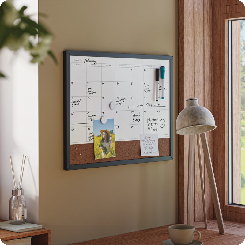 Magnetic Dry Erase Calendar Board 23x17 Inch with Black Wood Frame
