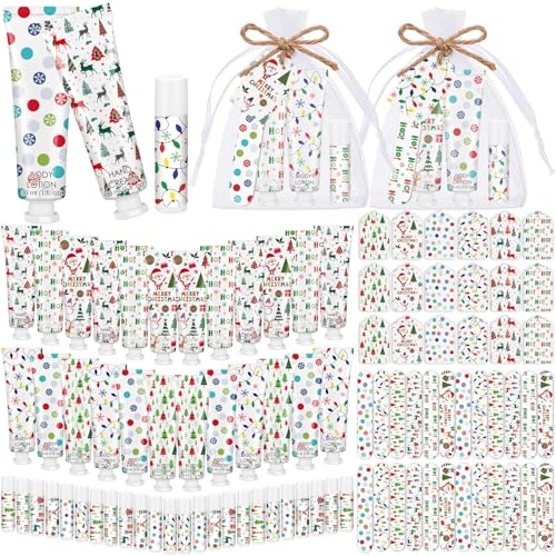 48 Sets/288 Pcs Christmas Party Favors Christmas Hand Cream Body Lotion Lip Balm Nail File Gifts Set Xmas Stocking Stuffers Travel Size Lotion Bulk Holiday Party Supplies for Coworkers Women Adults