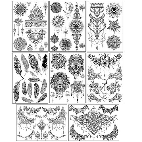 glaryyears 8 Sheets Mandara Chests Tattoos for Women, Black Flower Leaf Lion Wolf Dreamcatcher Designs Underboob Temporary Tattoo Stickers on Chest Waist Waterproof Body Art Large Size