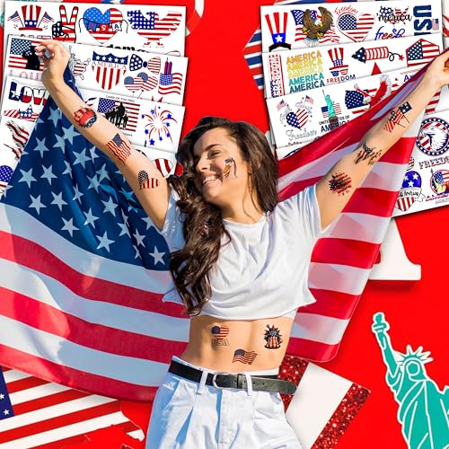 100PCS USA Patriotic Temporary Tattoos ? American Flag 4th of July Party Decorations, Freedom Theme Supplies, Fun Favors & Stickers for Kids Adults, Birthday or Independence Day Prizes