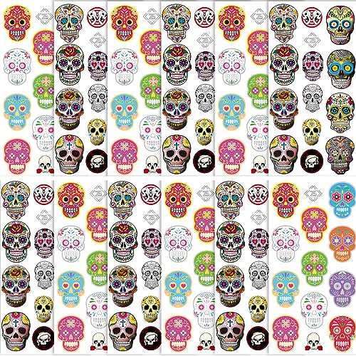 Day of the Dead Sugar Skull Tattoos(156PCS),Halloween Temporary Face Tattoos Sugar Skull Skeleton Tattoo for Boys Girls Halloween Party Favor Supplies