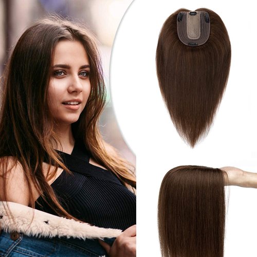 Hairro Hair Topper Human Hair, Clips in 100% Real Hairpieces with 4"x 4.7" Silk Base for Women, for Thin Hair/High Hairline/Covering Greyish Hair on Top, 6 Inch Medium Brown