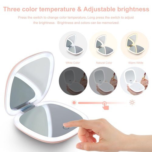 Mocado Compact LED Travel Makeup Mirror - 4 Inches 1X/10X Magnification Travel Mirror with Light Dimmable Double Sides Lighted USB Rechargeable Compact Mirror for Purse,Pocket,Travel(Pink)