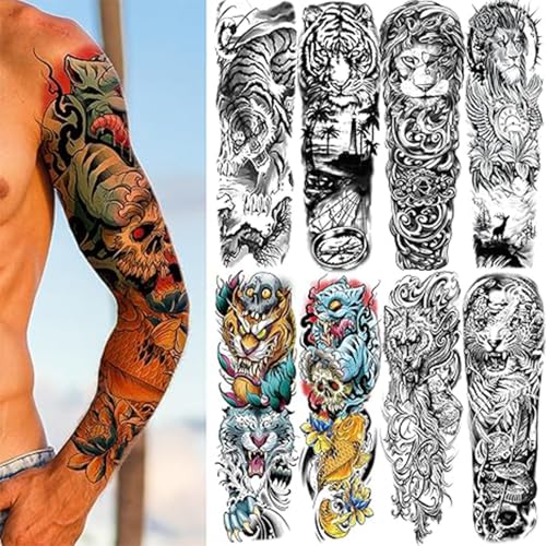 Full Arm Black Temporary Tattoo Sleeve for Men 8 Sheets, Scary Fake Tattoos That Look Real, Tigers for BBQ Pool Beach Party