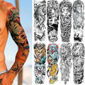 Full Arm Black Temporary Tattoo Sleeve for Men 8 Sheets, Scary Fake Tattoos That Look Real, Tigers for BBQ Pool Beach Party