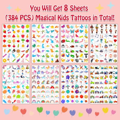 Partywind 384 Mixed Styles Temporary Tattoos for Kids, Cute Tattoo Stickers as Birthday Surprise Boys and Girls, Party Supplies Favors with Dinosaur/Mermaid/Pirate and More (8 Sheets)