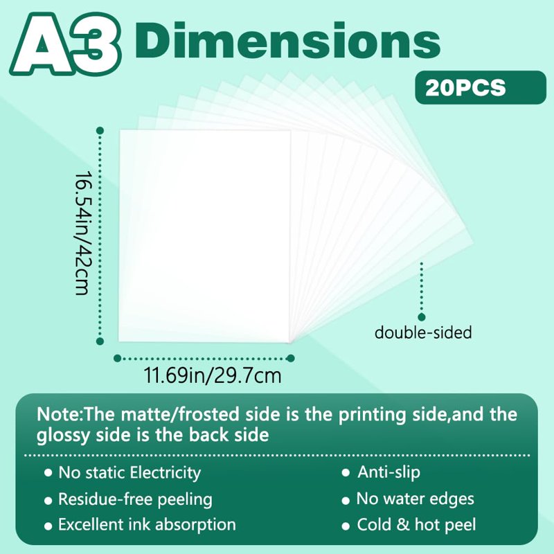 A3 DTF Transfer Film 20 Sheets Matte PET Heat Transfer Paper for Inkjet Printers