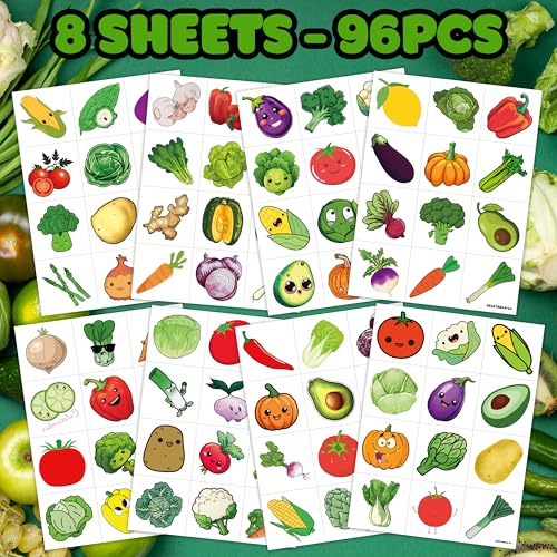 96 PCS Funny Vegetable Pre-cut Temporary Tattoos Sticker Avocado Corn Pumpkin Birthday Party Decorations Supplies Favors Celebration Gifts Boys Girls Baby Shower Cute Tattoo School Reward Themed