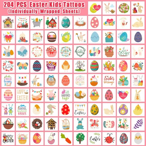 Partywind 204 PCS Easter Kids Tattoos for Basket Essentials, Individually Wrapped Cut Easter Fake Tattoos for Boys Girls Basket Stuffers, Easter Spring Egg Hunt Party Games Prizes Accessories