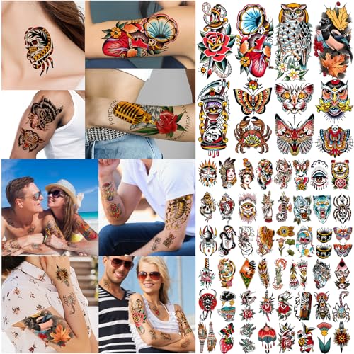 Yazhiji 77sheets Waterproof Fake Tattoo for Men or Women 17sheets Larger Half Arm Owl Peony Butterfly Snake Temporary Tattoos for Boy or Girl And 60 sheets Tiny Flower Tattoo Sticker for Kids
