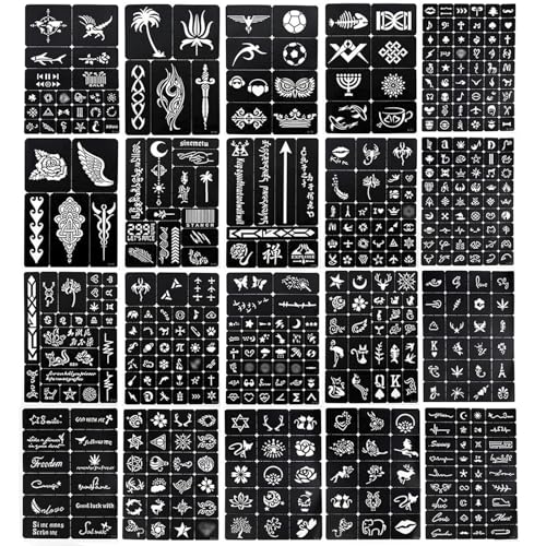 20 Sheets Glitter Tattoo Kit, 467 Pcs Henna Tattoo Stencils Airbrush Temporary Tattoos Templates for Girls and Boys Body Art, Suitable as Gift for Family/Friends (Black)