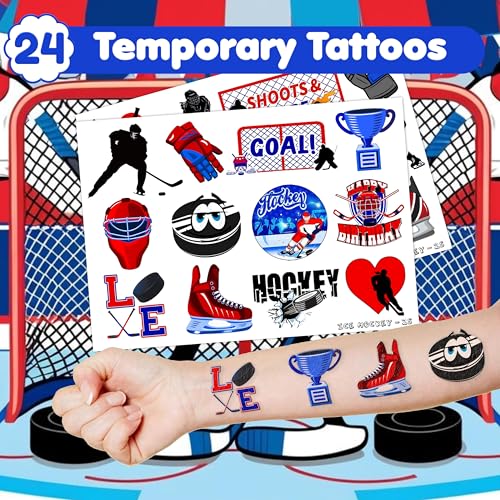 48-Piece Ice Hockey Party Set: Temporary Tattoos (24PCS) and Slap Bracelets (24PCS) - Perfect for Themed Birthday Parties, Baby Showers, Classroom Rewards, and Gifts for Kids