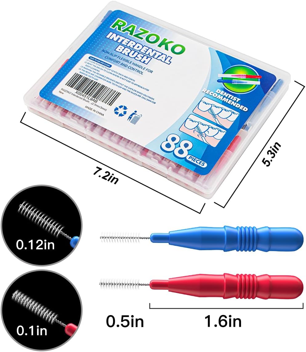 RAZOKO Interdental Brush, Flossing Head,Easy Use Tooth Cleaning Tool (1Pack(2.5mm/3mm)-88pcs)