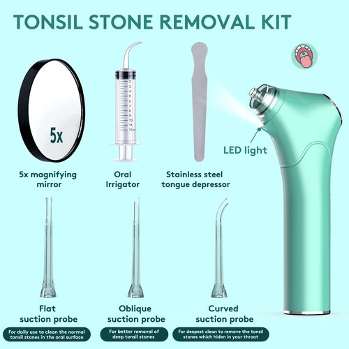 Electronic Vacuum Tonsil Stone Remover - Tonsil Stone Removal Kit with Built-in LED Light & 3 Suction Mode - Fight Bad Breath Oral Irrigator & 5X Magnifying Mirror for Tonsil Stone Removal (Green)