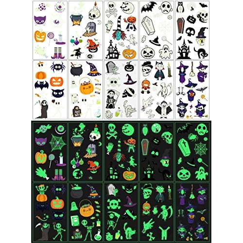 JCFIRE Halloween Temporary Tattoos for Kids, Glow in Dark Tattoos Stickers with Pumpkin Skull Ghost Monster for Halloween Party Favors Decorations, Party Games for Kids
