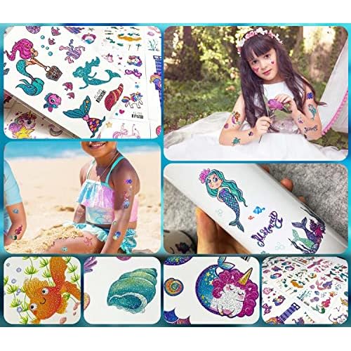 Glitter Unicorn Temporary Tattoos for Kids, 24 Sheets Waterproof Mermaid Tattoos Stickers 240+Pcs, Girls Gifts Birthday Party Baby Shower Favor Supplies, Goodie Bags Fillers & Classroom Exchange