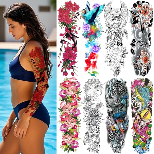 Christmas 8 Sheets Full Arm Temporary Tattoos for Adults, Waterproof Realistic Flower Bird Feather Fake Sleeve Tattoos For Women Men, Tiger Fish Tattoo Set Hand Body Art for Party Celebration Cosplay