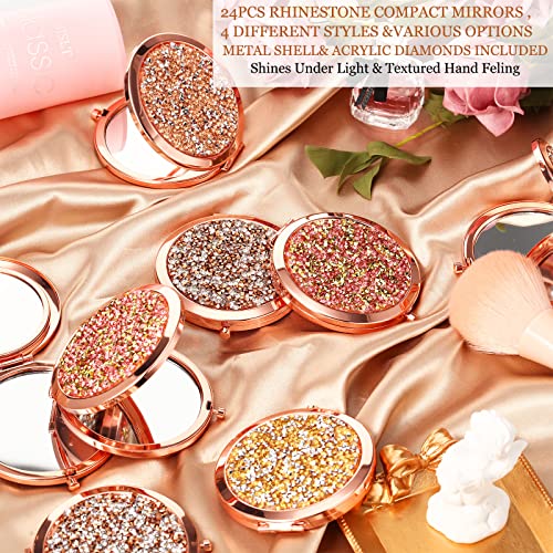 Cindeer 24 Pcs Small Compact Mirror Folding Pocket Makeup Round Hand Held Cosmetic Magnifying Compact Rhinestone Mirror with 1X/2X Magnification for Women Girls Travel (Multi Colors)