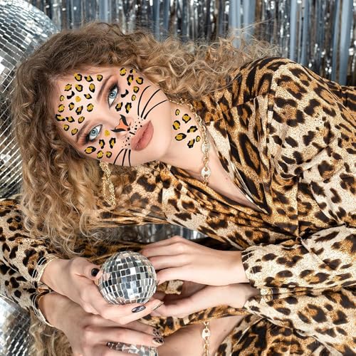 6 Sheets Leopard Print Temporary Tattoos Fake Cheetah Full Face Tattoo Stickers for Women Men Halloween Costume Accessories Leopard Face Body Makeup Decoration Party Supplies, 3 Styles