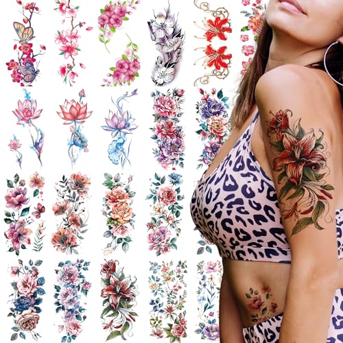 21 Sheets Large Temporary Tattoos Flower Paper Sexy Body Tattoo Sticker for Women & Girl Fake Tattoo (Lily, Peach, Plum, Peony)