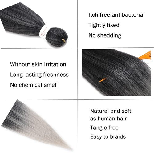 Pre Stretched Braiding Hair Extensions 20 Inch 8 Packs Professional Synthetic Braid Hair for women Crochet Braids Soft Yaki Texture Hot Water Setting(20",mixed black & sliver)