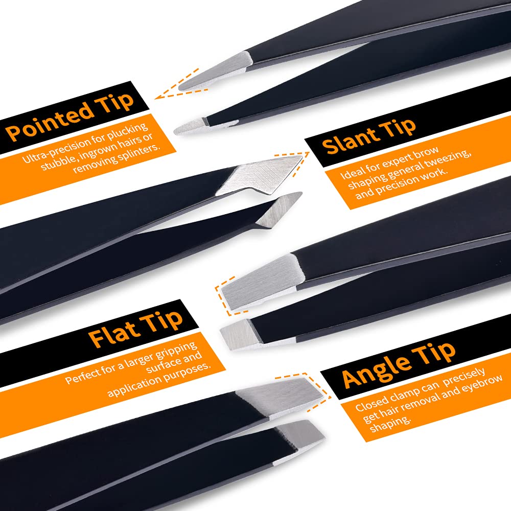 TsMADDTs Tweezers Set and Curved Scissors, Professional Stainless Steel Tweezers for Women and Men, 6 Pack Precision Tweezers For Eyebrows for Ingrown Hair, Daily Beauty Tool with Leather Travel Case