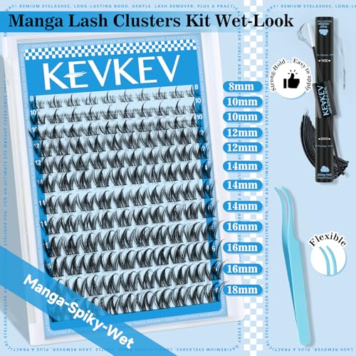 KEVKEV Fairy Lash Clusters Kit Manga Lash Extension Kit Invisible Band Spiky Lash Clusters Eyelash Clusters Kit with Lash Bond and Seal Lash Tweezers(Fairy Kit-8-18mix)