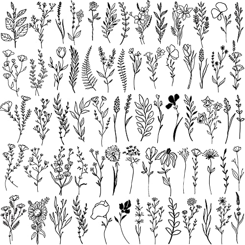 Cerlaza 75 Styles Tiny Black Flower Branch Temporary Tattoos For Women, 16 Sheets Realistic Wild Flower Floral Small Fake Tattoo Adults, Christmas Tattoo Stickers for Hands Legs Body Sticker