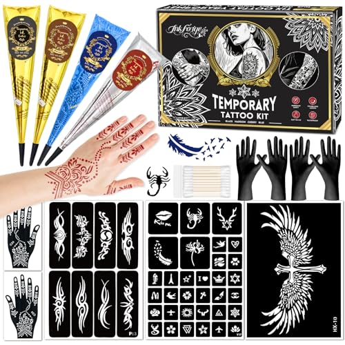 Temporary Tattoo Stencil Kit, 4 Pcs Tattoo Cones 4 Color (Black/Maroon/Cherry Red/Blue) 44 Tattoos Templates and Cotton Swabs, DIY Body Art Skin Painting Designs for Valentine's Gifts