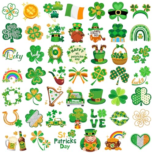 HOWAF 96pcs St. Patrick's Day Temporary Tattoos,Glitter Shamrock Tattoo Stickers for Irish Party Decorations,Lucky Clover Face Tattoos with Leprechaun for Green Party Parade Makeup