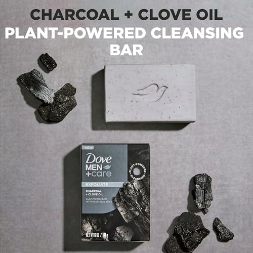 DOVE MEN + CARE Cleansing Bar Soap Charcoal + Clove Oil to Rebuild Skin in the Shower,a 4in1 Hair,Body,Face & Shaving Bar with Plant-Based Cleanser and Natural Oils 5 oz,(Pack of 8)