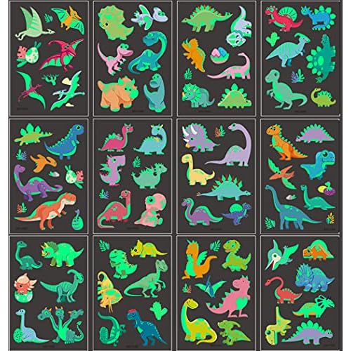 Luminous Temporary Tattoos, 102Pcs Dinosaur Cartoon Glow in the Dark Tattoos, Waterproof Fake Tattoos Body Face Stickers Designs Decorations, Birthday Party Favor Supplies Gifts