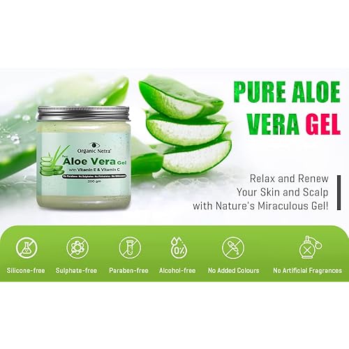 Organic Netra Pure Aloe Vera Gel with Vitamin C & E for Skin, Face and Hair | Helps to Repair and Smoothens Hair | Relax and Renew Your Skin and Scalp | Paraben Free & Sulphate Free - 7.05 Oz