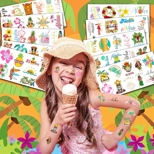 100 PCS Aloha Hawaiian Luau Temporary Tattoos Themed Birthday Party Decorations Favors Supplies D?cor Tropical Hibiscus Plumeria Hawaii Tattoo Stickers Gifts For Game Boys Girls Classroom School